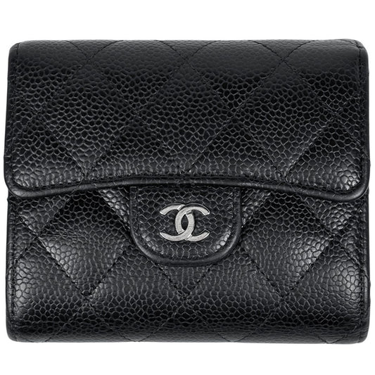 Chanel CC Logo Trifold Wallet Quilted Caviar Leather Black