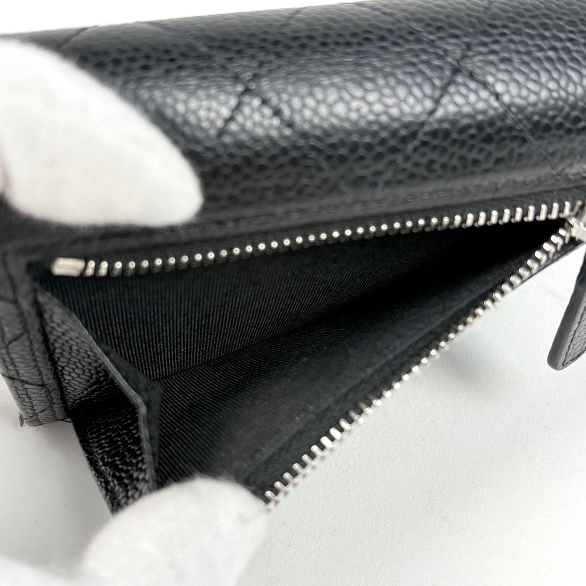 Chanel CC Logo Trifold Wallet Quilted Caviar Leather Black — view 6