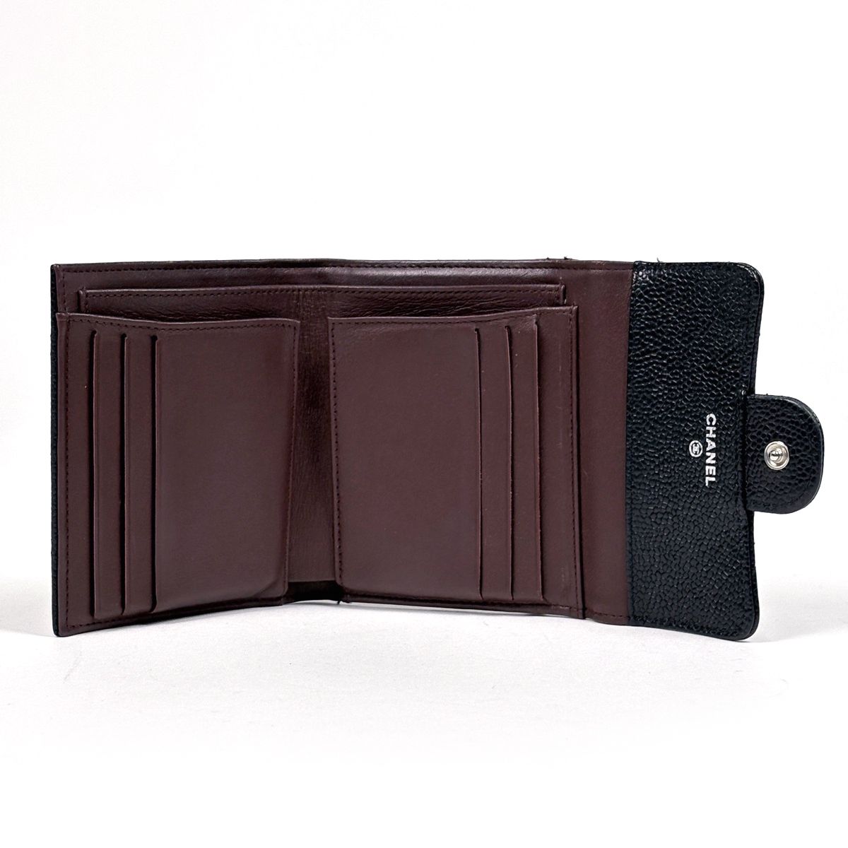 Chanel CC Logo Trifold Wallet Quilted Caviar Leather Black — view 7