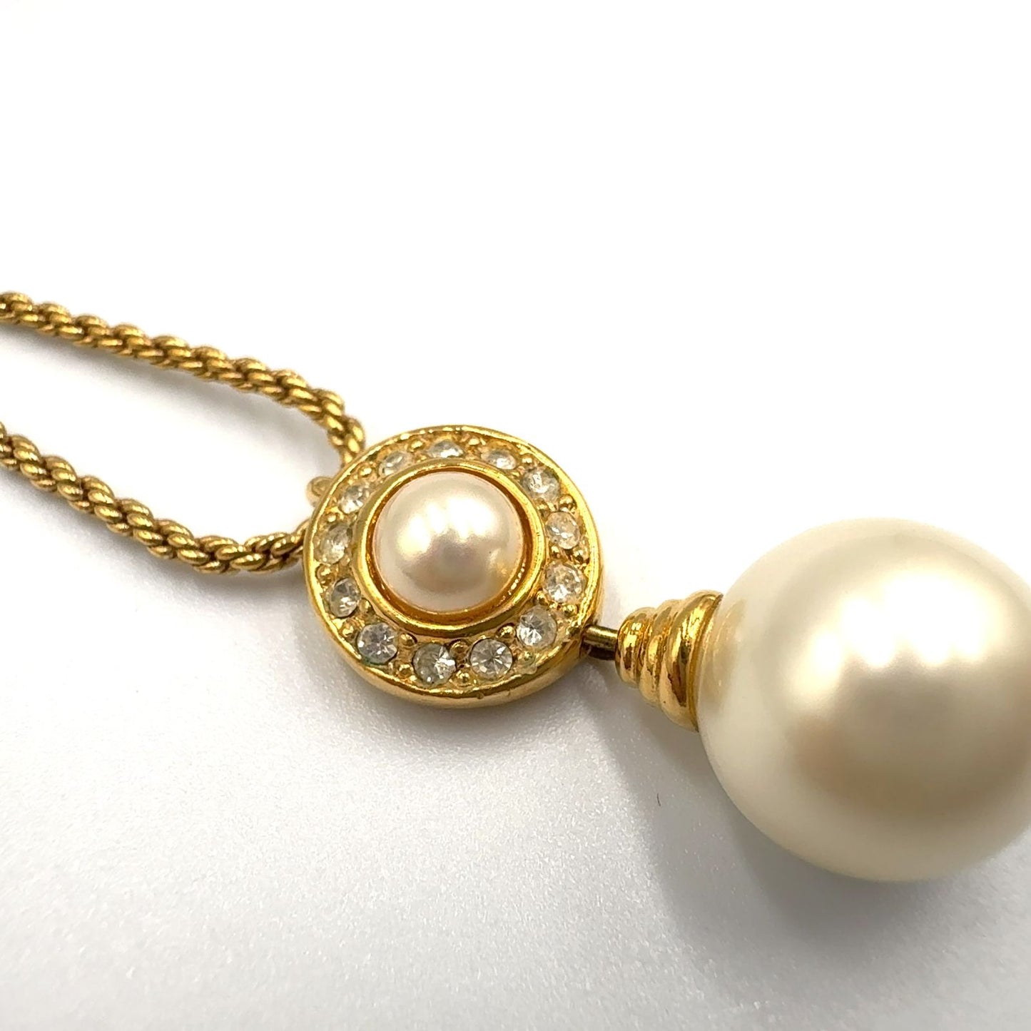 Dior Double Strand Drop Rhinestone Faux Pearl Gold Necklace — view 9
