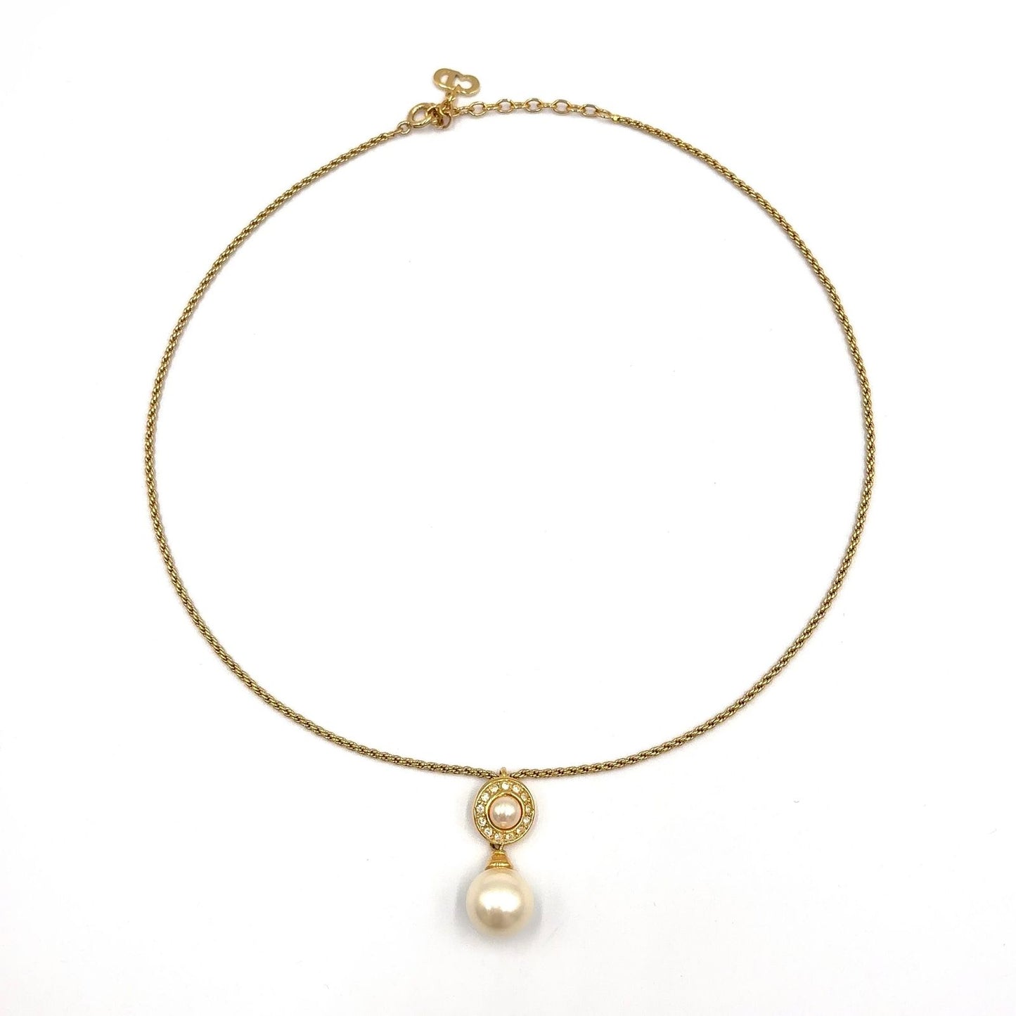 Dior Double Strand Drop Rhinestone Faux Pearl Gold Necklace — view 3
