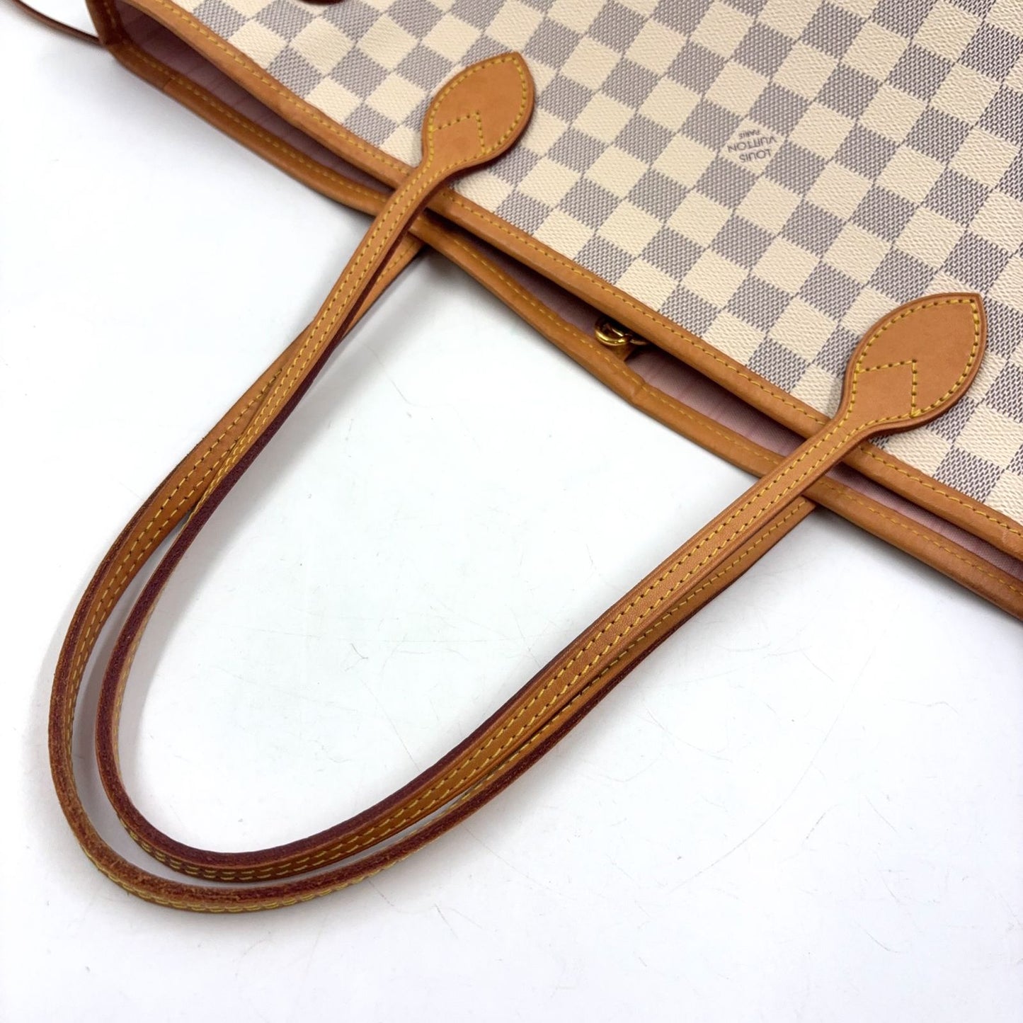 Louis Vuitton Neverfull Damier Azur Rose Velours Initial Leather White Light — view 6