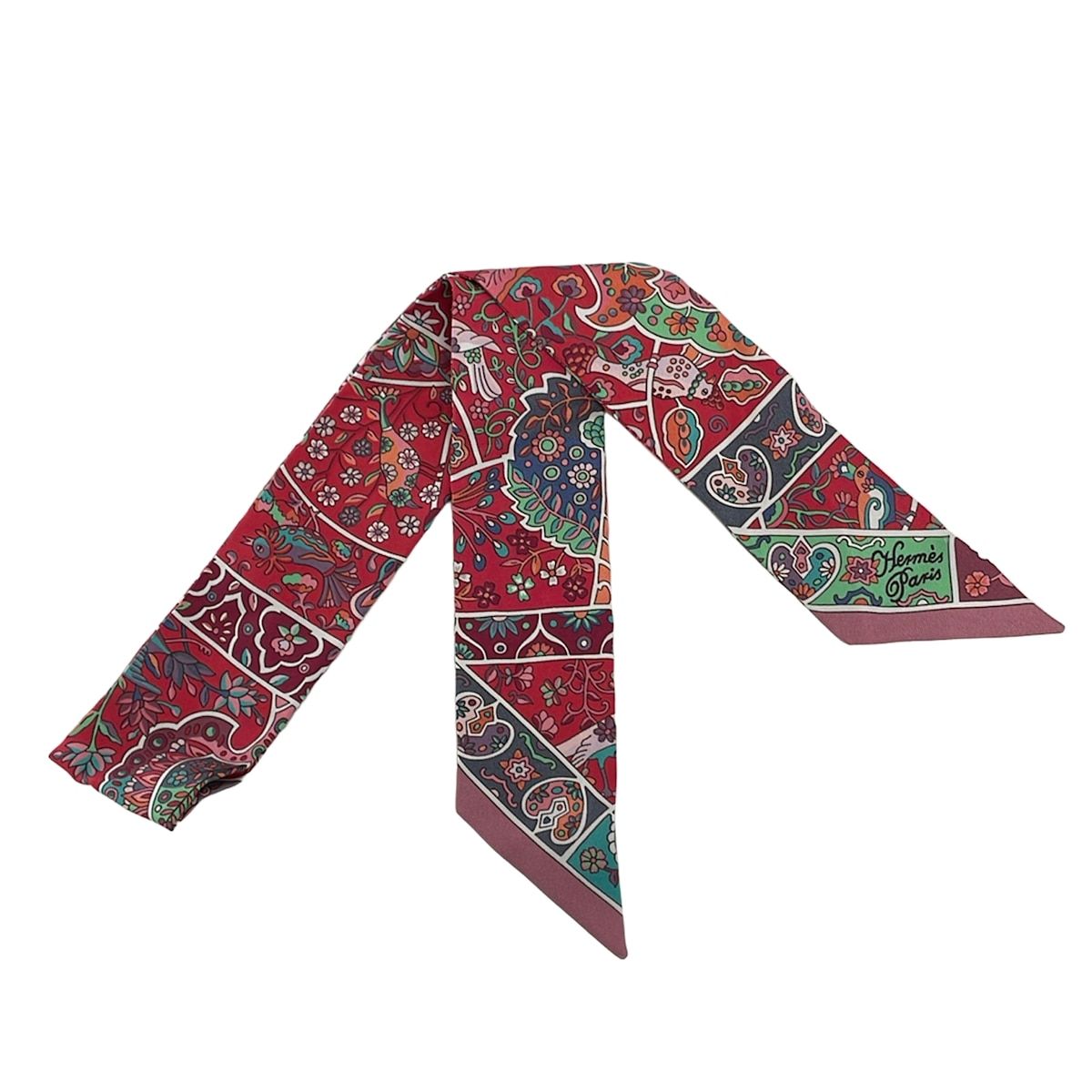 Hermes Scarf Twill Red Multi Ribbon Au Pays Des Oiseaux Fleurs