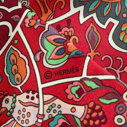 Hermes Scarf Twill Red Multi Ribbon Au Pays Des Oiseaux Fleurs — view 2