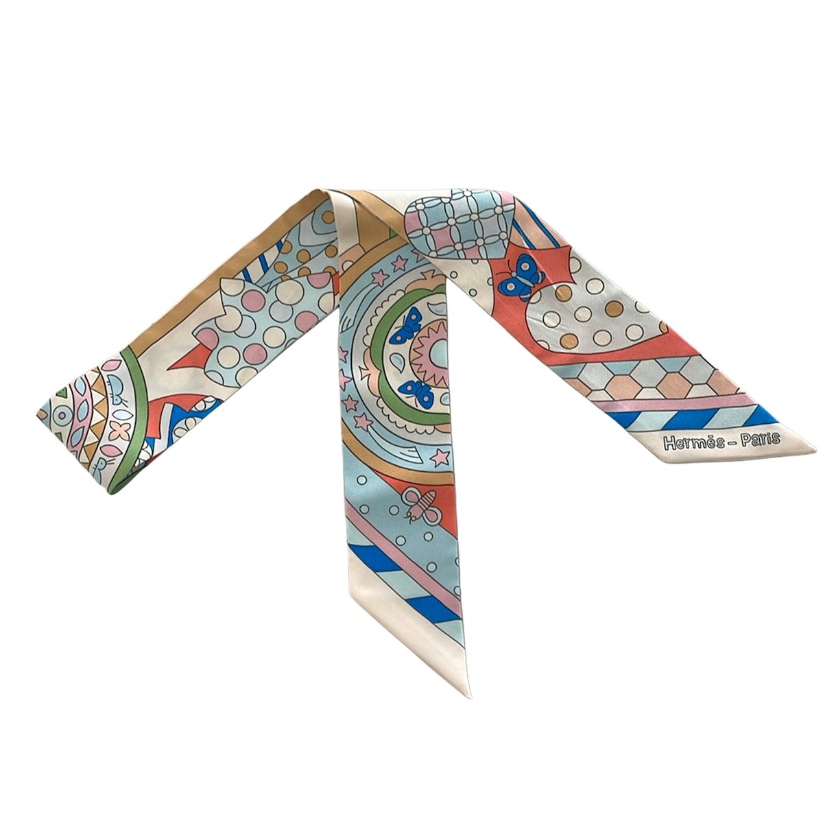 Hermes Scarf Twill Ivory Light Blue Multi Ribbon les Murmures de la Foret