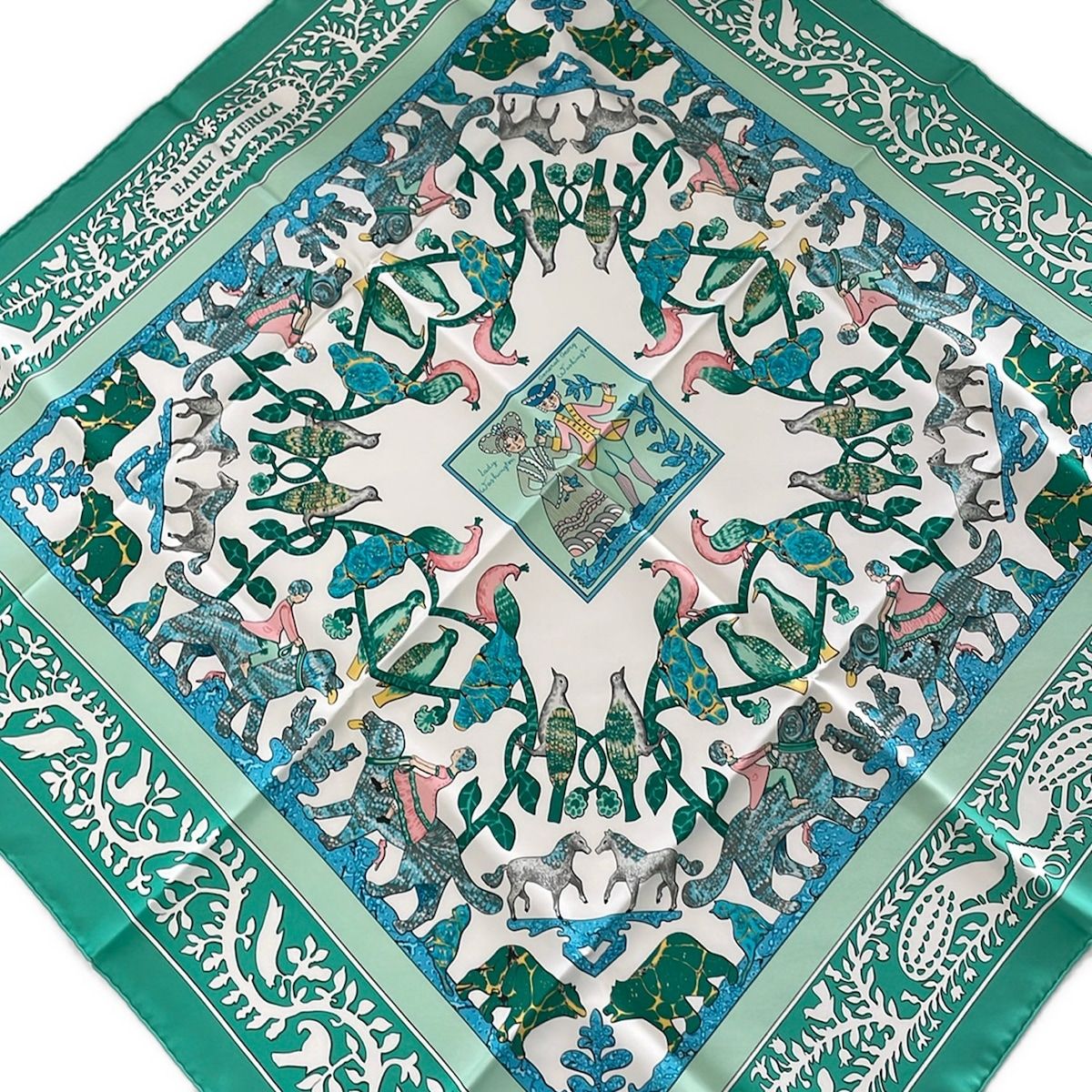 Hermes Scarf Carre 90 White Light Green Multi Early America