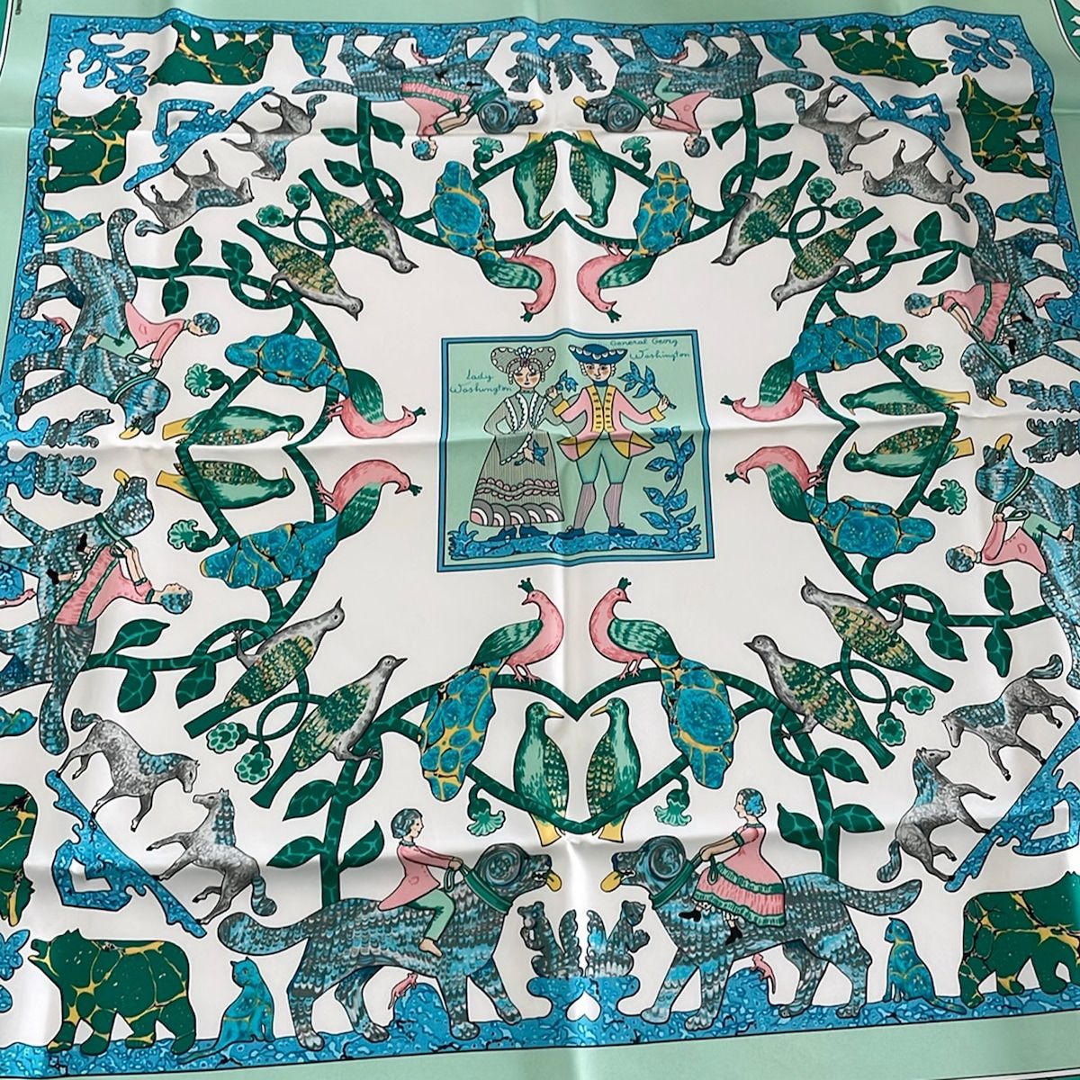 Hermes Scarf Carre 90 White Light Green Multi Early America — view 4