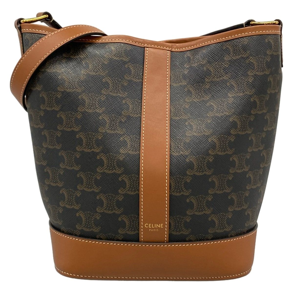 Celine Shoulder Bag Triomphe Canvas Small Bucket Black Brown Leather