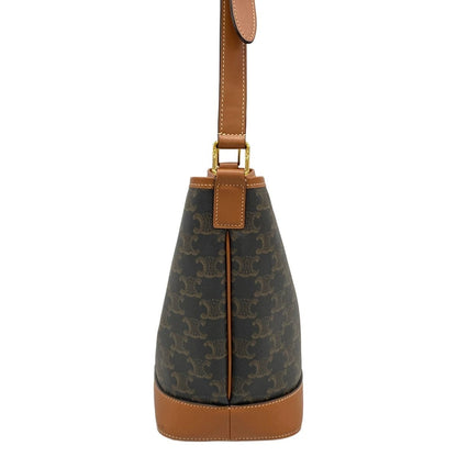 Celine Shoulder Bag Triomphe Canvas Small Bucket Black Brown Leather — view 2