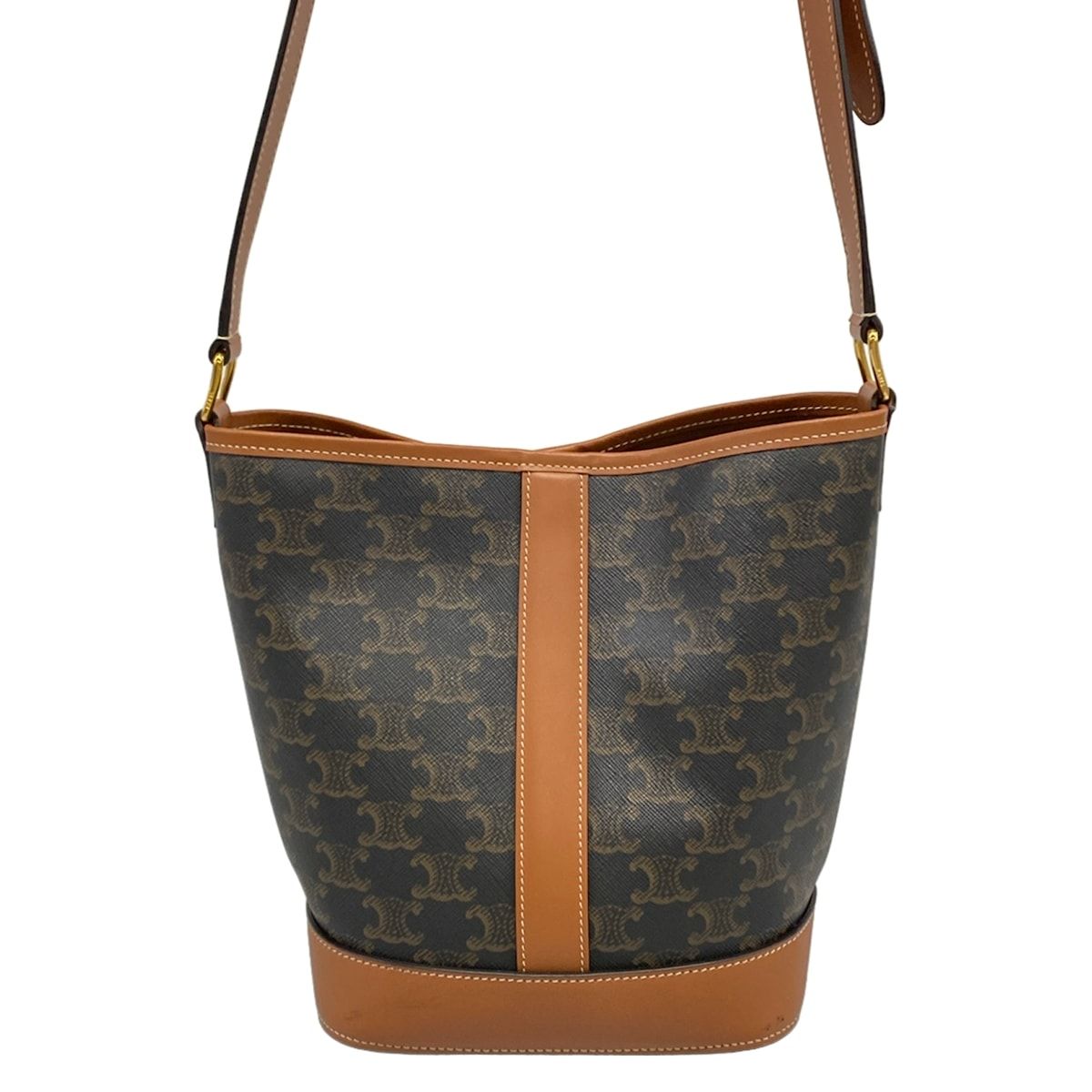 Celine Shoulder Bag Triomphe Canvas Small Bucket Black Brown Leather — view 3