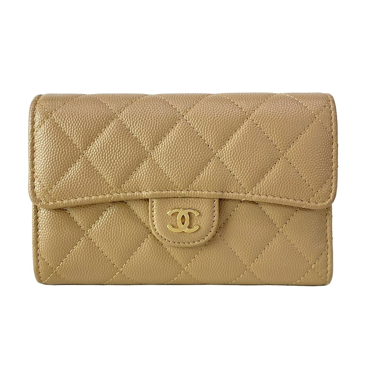 Chanel Trifold Wallet Quilted Beige Gold CC Logo