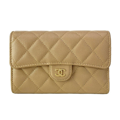 Chanel Trifold Wallet Quilted Beige Gold CC Logo