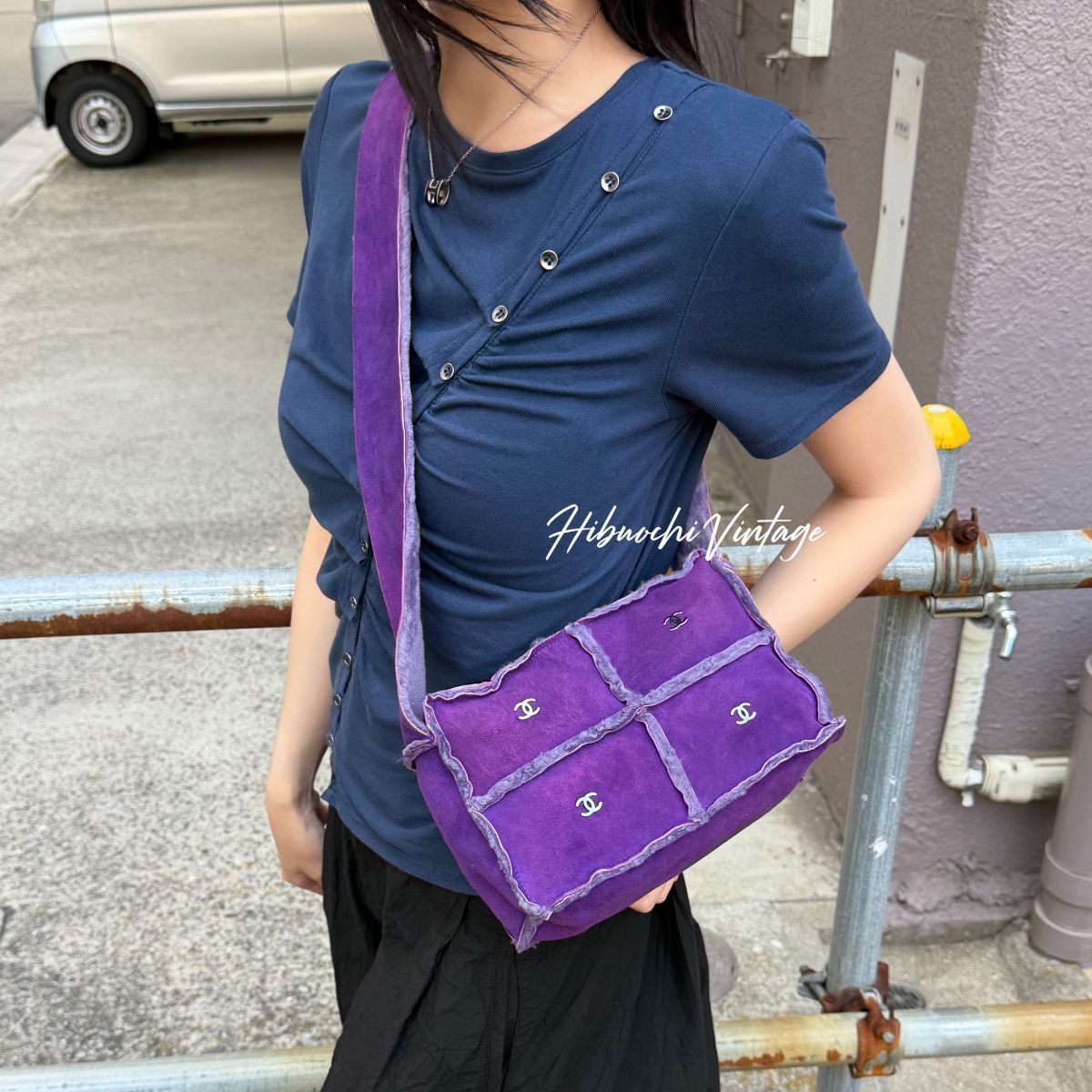 Chanel Shoulder Bag Shearling Suede Purple Silver Vintage