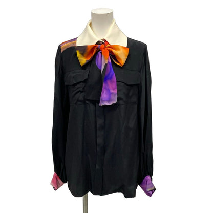 Chanel Long Sleeve Shirt Blouse 34 S Black Purple Multi Silk Removable Collar