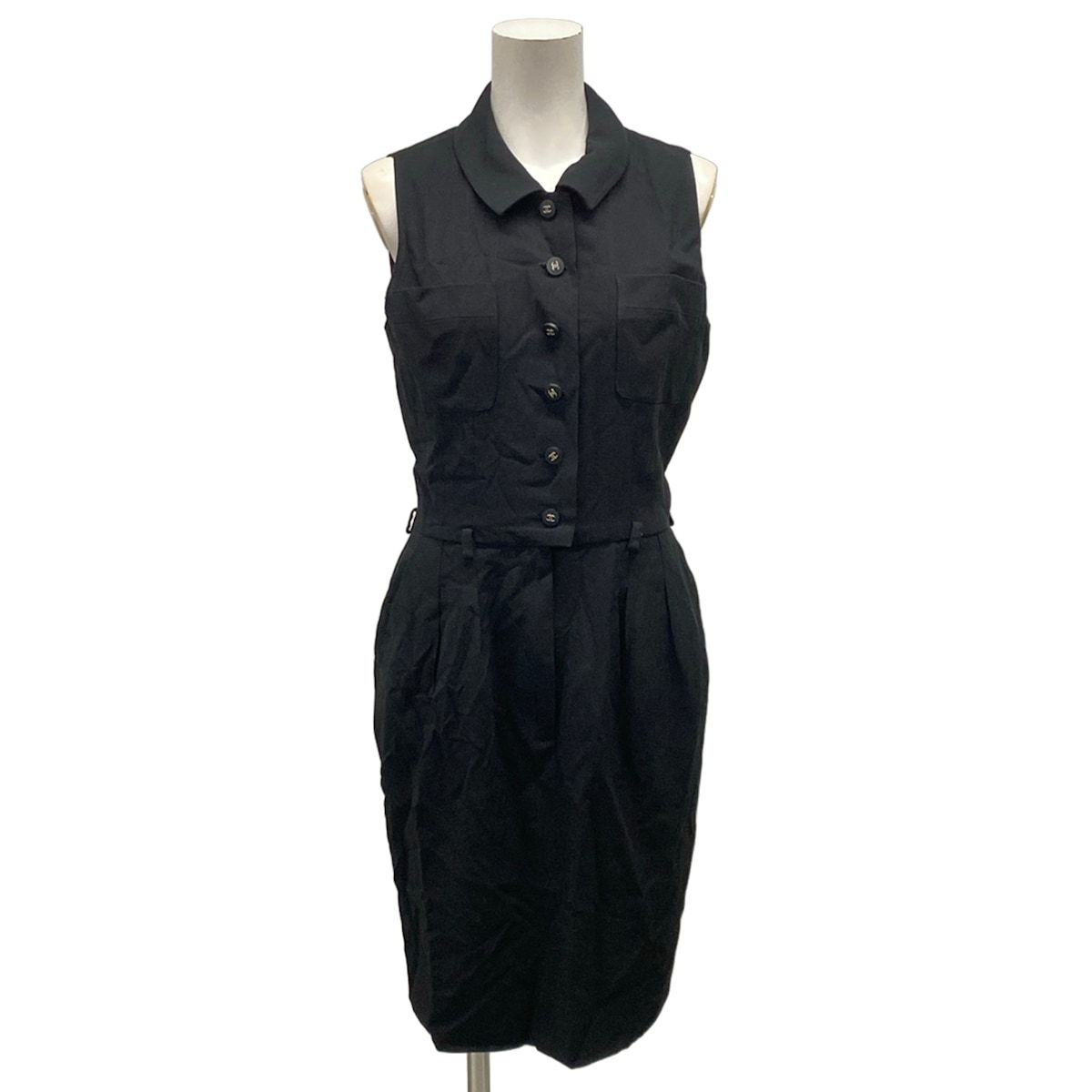 Chanel Dress 38 M Black Sleeveless Button Opening Wool Knee Length