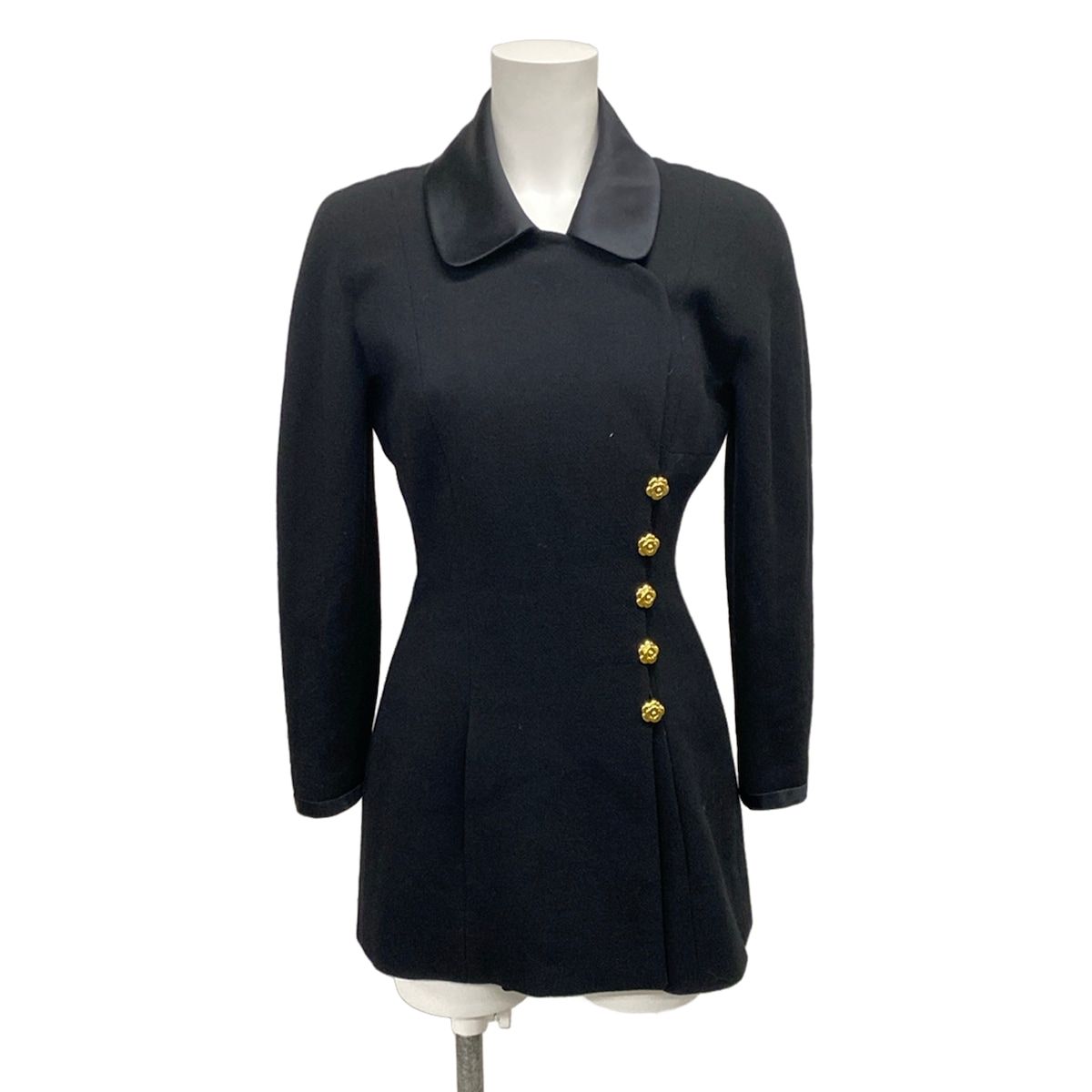 Chanel Jacket 34 S Black Wool Camellia Button Long