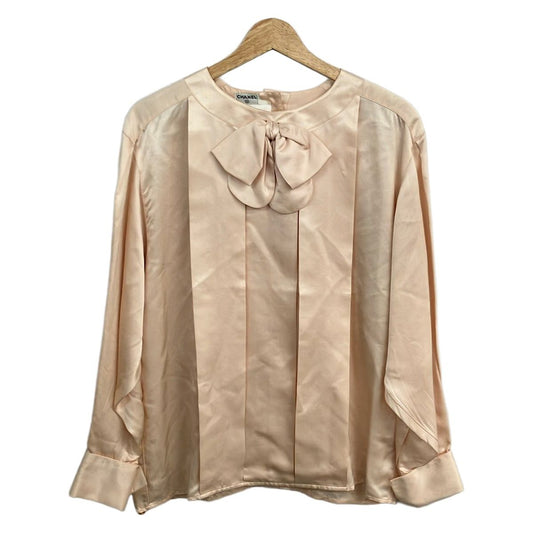 Chanel Long Sleeve Shirt Blouse 38 M Pink Silk Ribbon