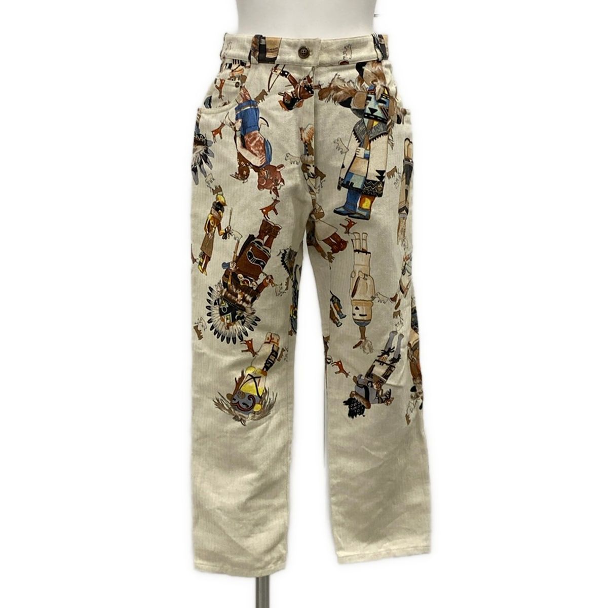 Hermes Pants 38 M Beige Multi Linen Blend 38 Kachina Pattern Hopi Cotton