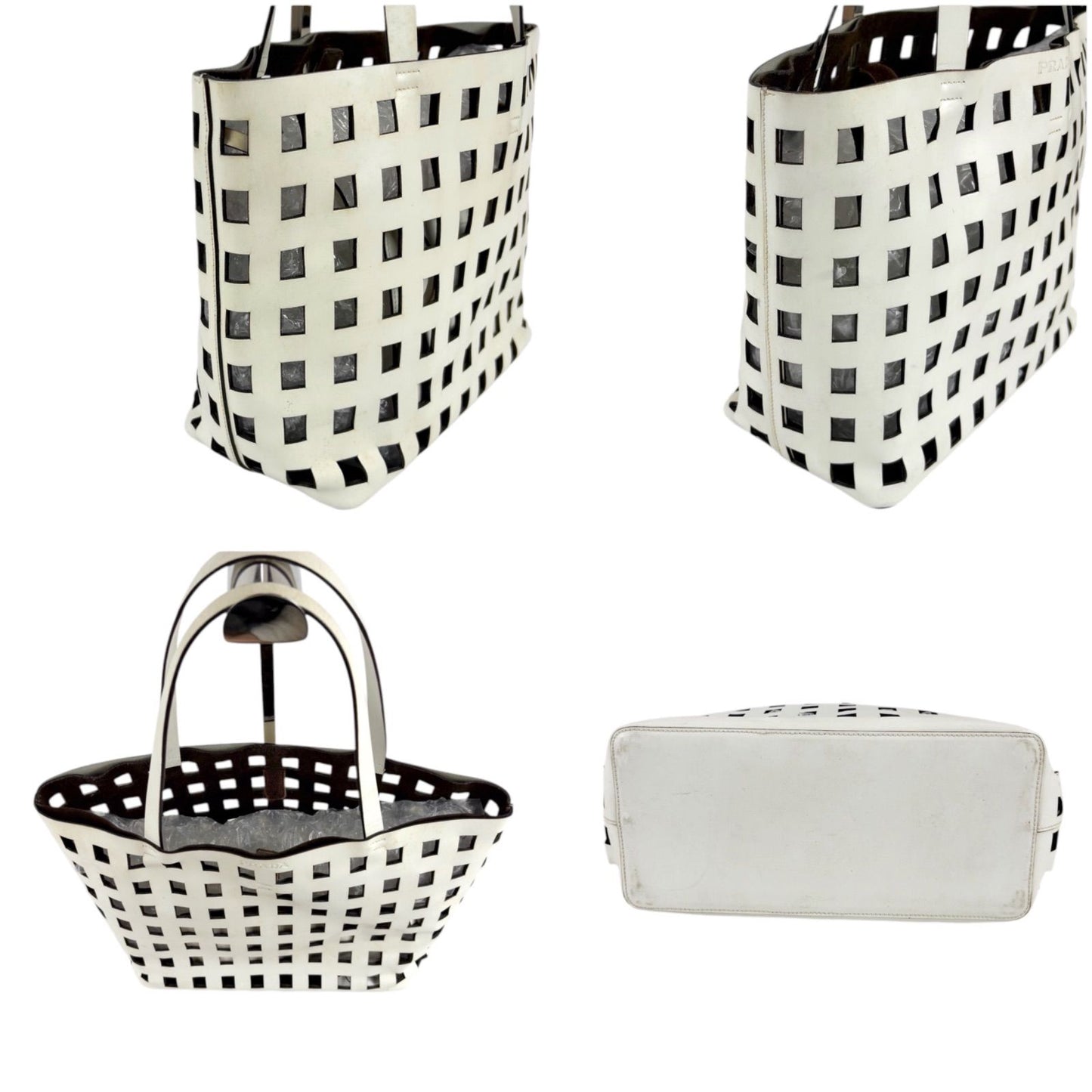 Prada Perforated Leather Mini Tote with Pouch Mirror Calf White — view 4