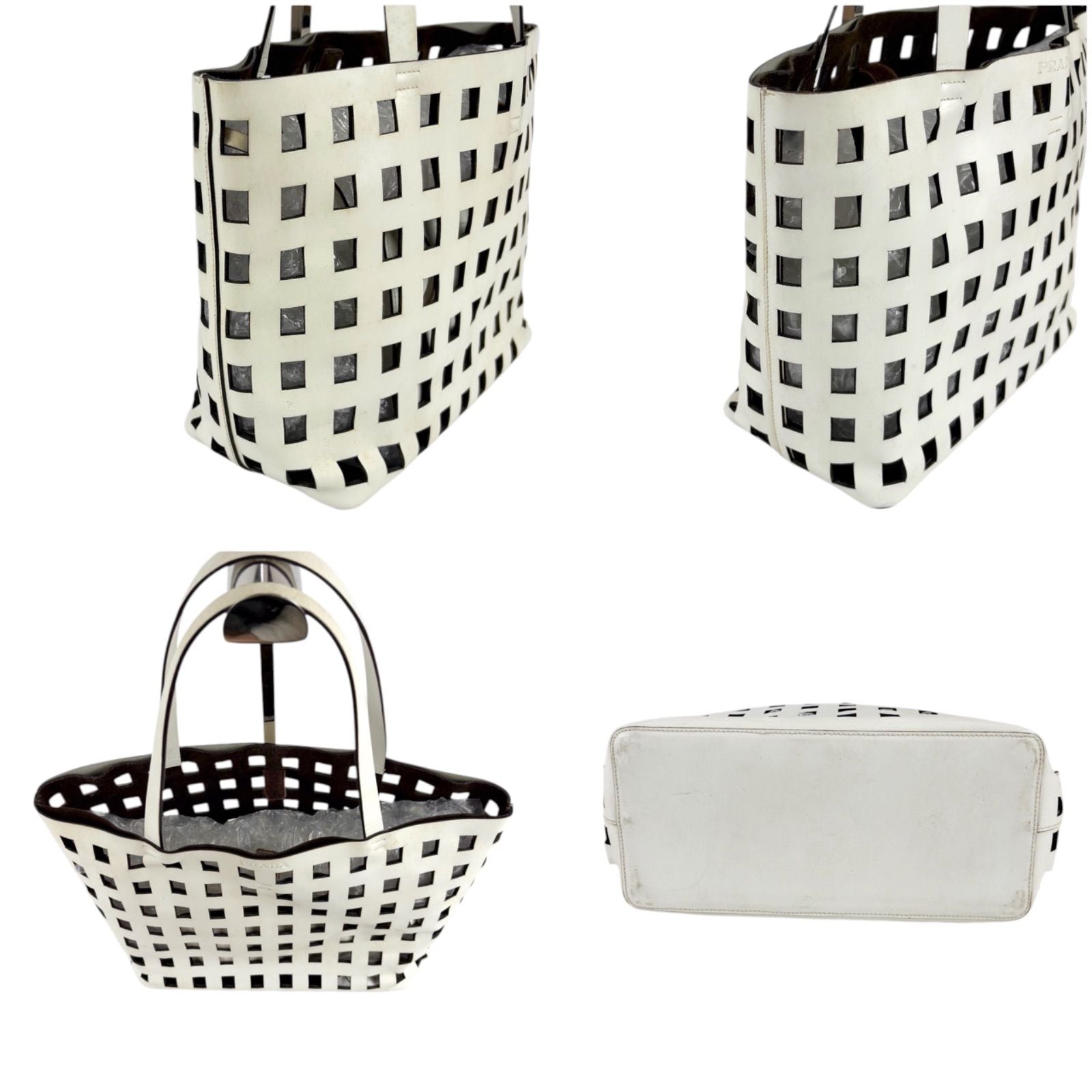 Prada Perforated Leather Mini Tote with Pouch Mirror Calf White — view 4