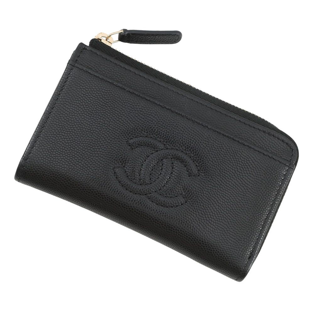 Chanel Coin Case CC Logo Fragment Caviar Leather Wallet Black