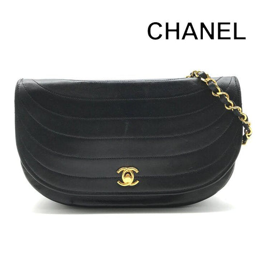 Chanel CC Logo Half Moon Turnlock Leather Chain Shoulder Bag Black