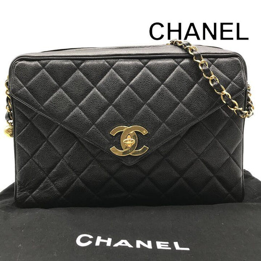 Chanel CC Logo Jumbo CC Quilted Chain Shoulder Bag Caviar Leather Black
