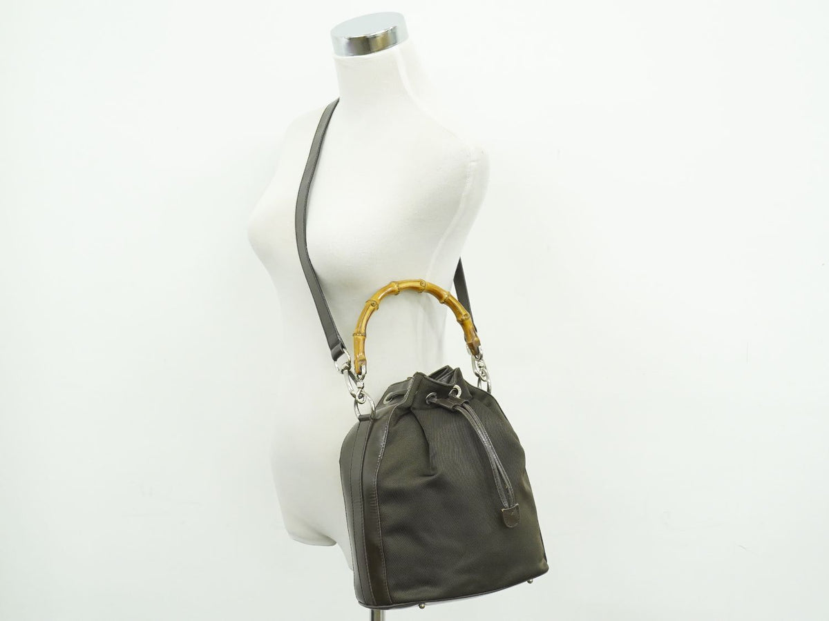 Gucci Bamboo Drawstring 2-Way Shoulder Bag Canvas Leather Brown — view 6