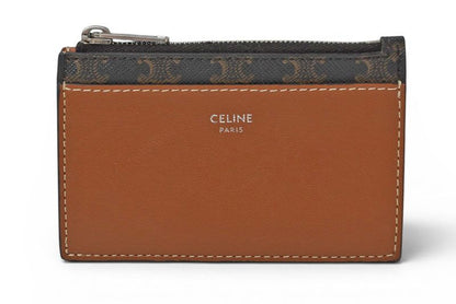 Celine Coin Case Card Holder Zipped Triomphe Canvas Lambskin Brown