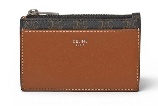 Celine Coin Case Card Holder Zipped Triomphe Canvas Lambskin Brown