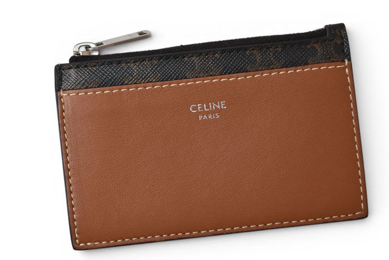Celine Coin Case Card Holder Zipped Triomphe Canvas Lambskin Brown — view 2