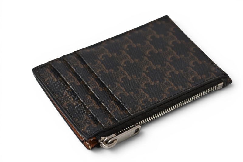 Celine Coin Case Card Holder Zipped Triomphe Canvas Lambskin Brown — view 4