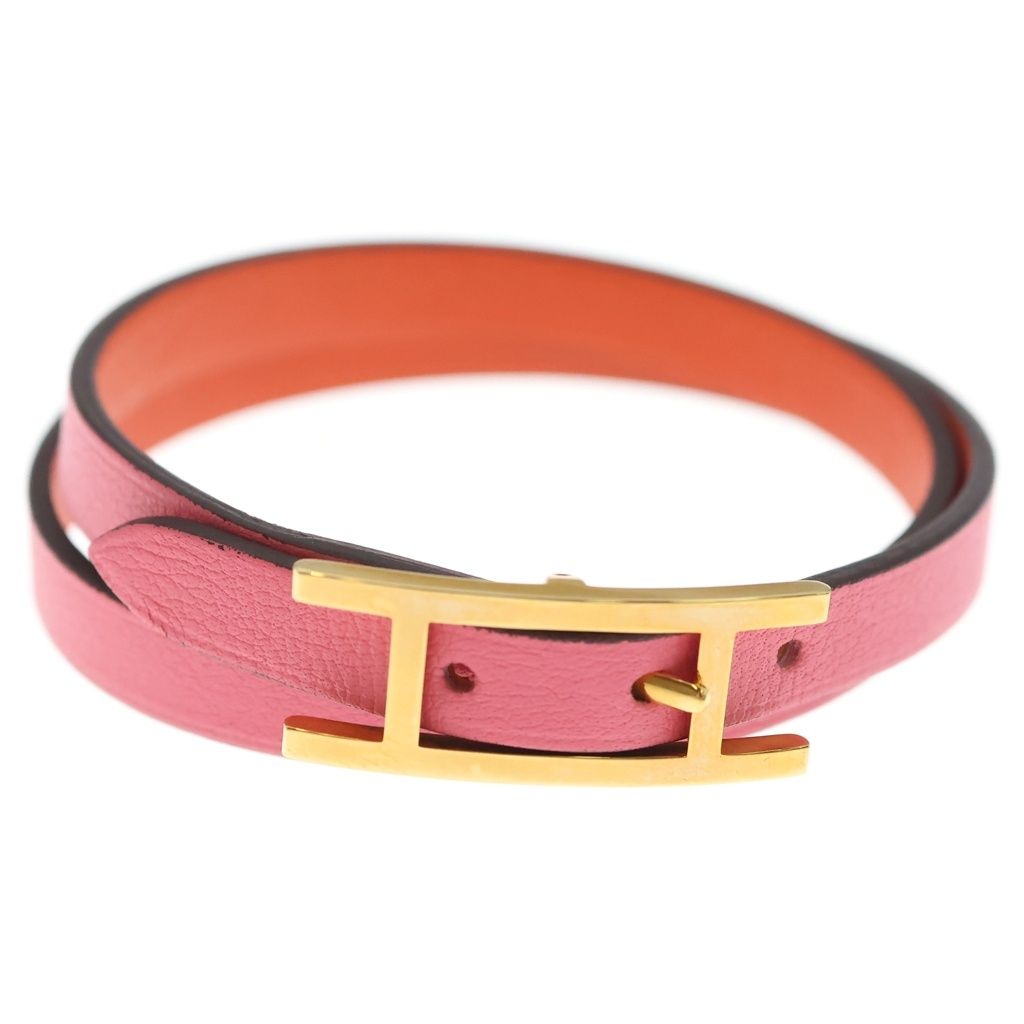 Hermes Behapi Double Tour Leather Strand Bracelet Gold Pink Orange — view 4