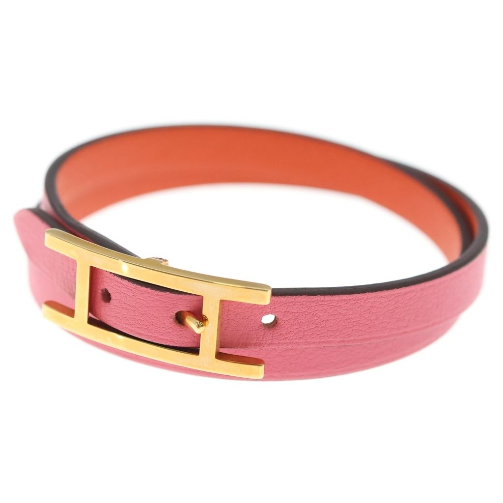 Hermes Behapi Double Tour Leather Strand Bracelet Gold Pink Orange
