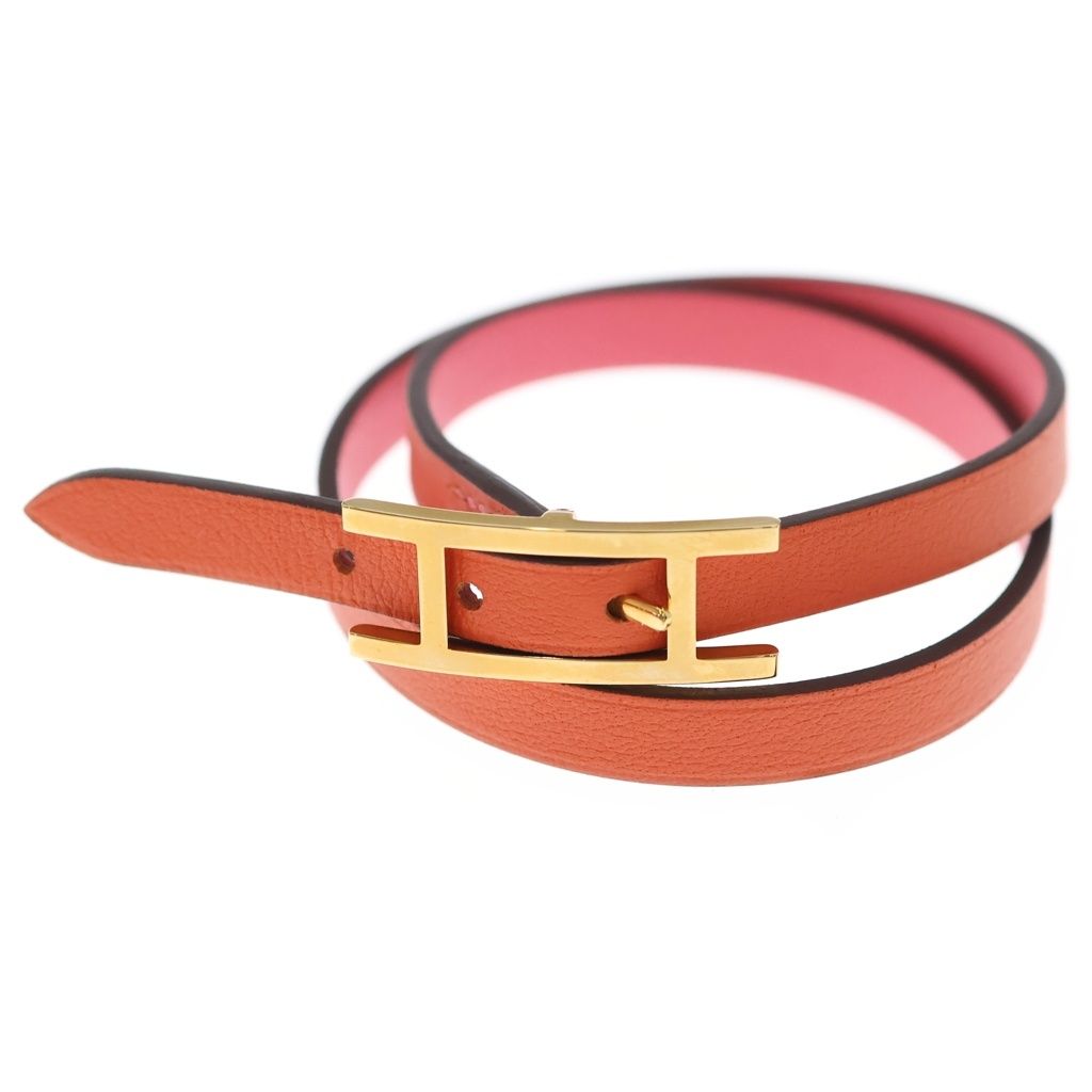 Hermes Behapi Double Tour Leather Strand Bracelet Gold Pink Orange — view 5
