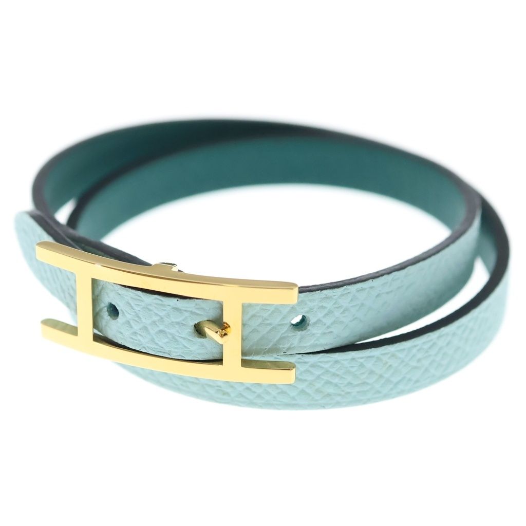 Hermes Behapi Double Tour Leather Strand Bracelet Gold Light Blue Green