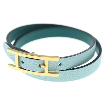 Hermes Behapi Double Tour Leather Strand Bracelet Gold Light Blue Green