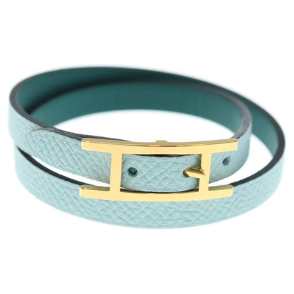 Hermes Behapi Double Tour Leather Strand Bracelet Gold Light Blue Green — view 4