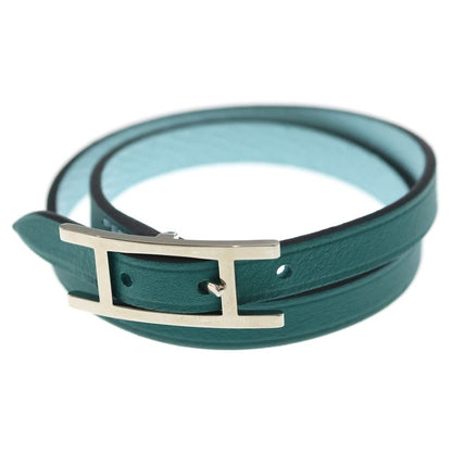 Hermes Behapi Double Tour Leather Strand Bracelet Silver Light Blue Green — view 5