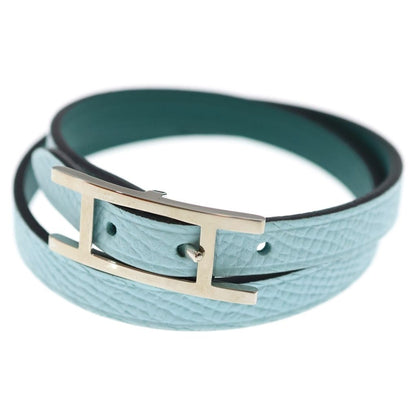Hermes Behapi Double Tour Leather Strand Bracelet Silver Light Blue Green