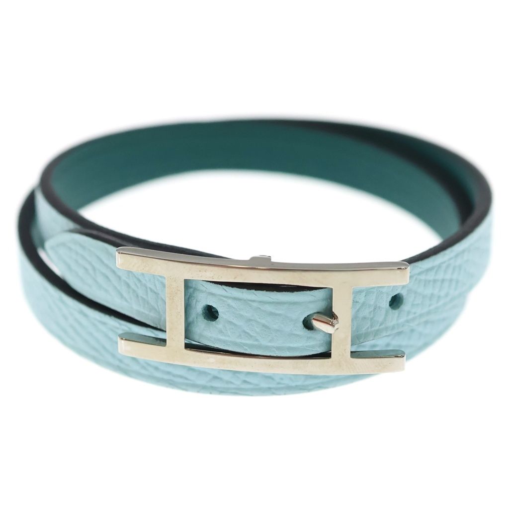 Hermes Behapi Double Tour Leather Strand Bracelet Silver Light Blue Green — view 4