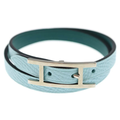 Hermes Behapi Double Tour Leather Strand Bracelet Silver Light Blue Green — view 4