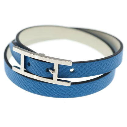 Hermes Behapi Double Tour Leather Strand Bracelet Silver Blue White