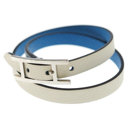 Hermes Behapi Double Tour Leather Strand Bracelet Silver Blue White — view 5