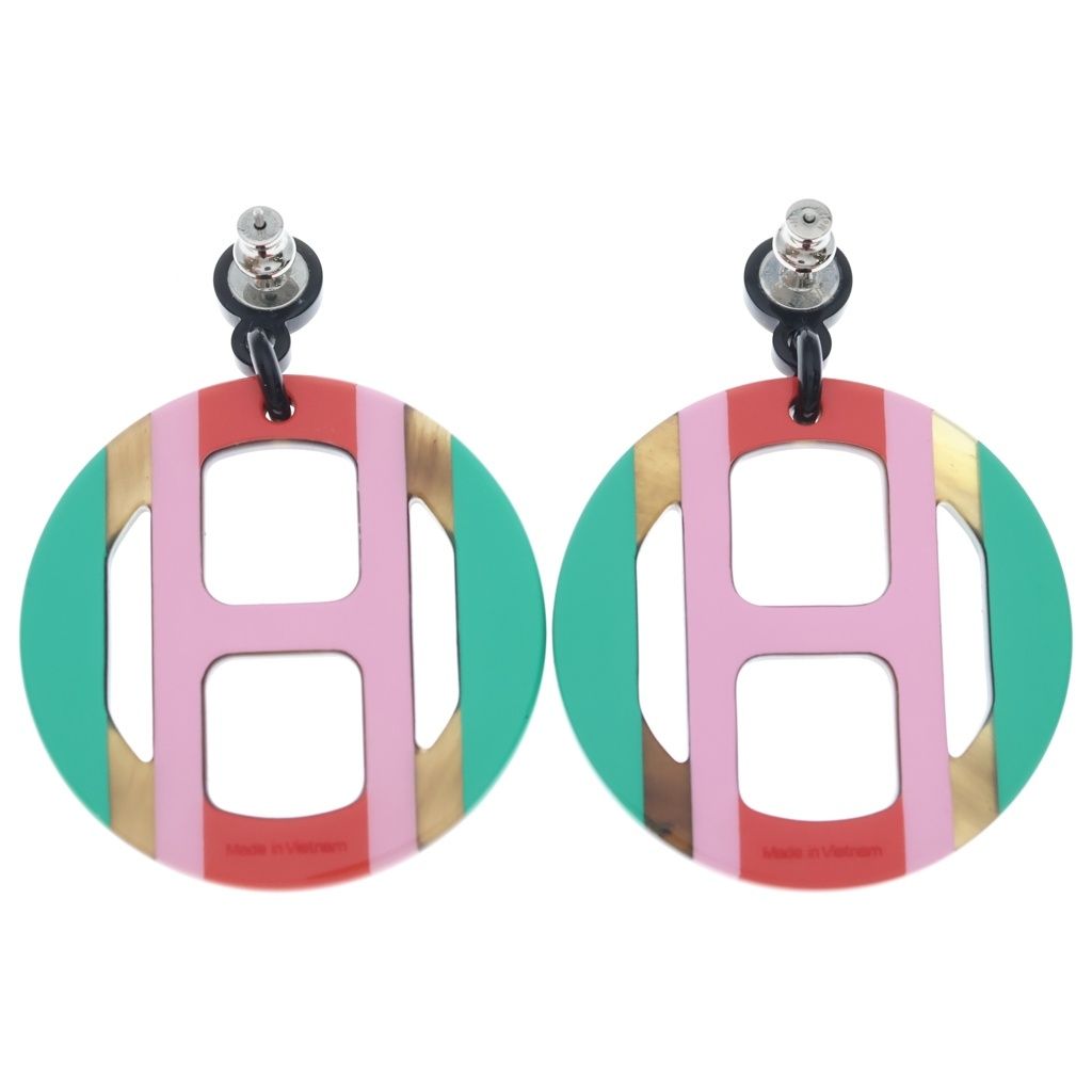 Hermes Earrings Equipe Buffalo Horn Lacquer Pink — view 2