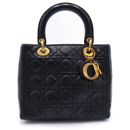 Dior Lady Quilted Bag Handbag Black Leather Gold