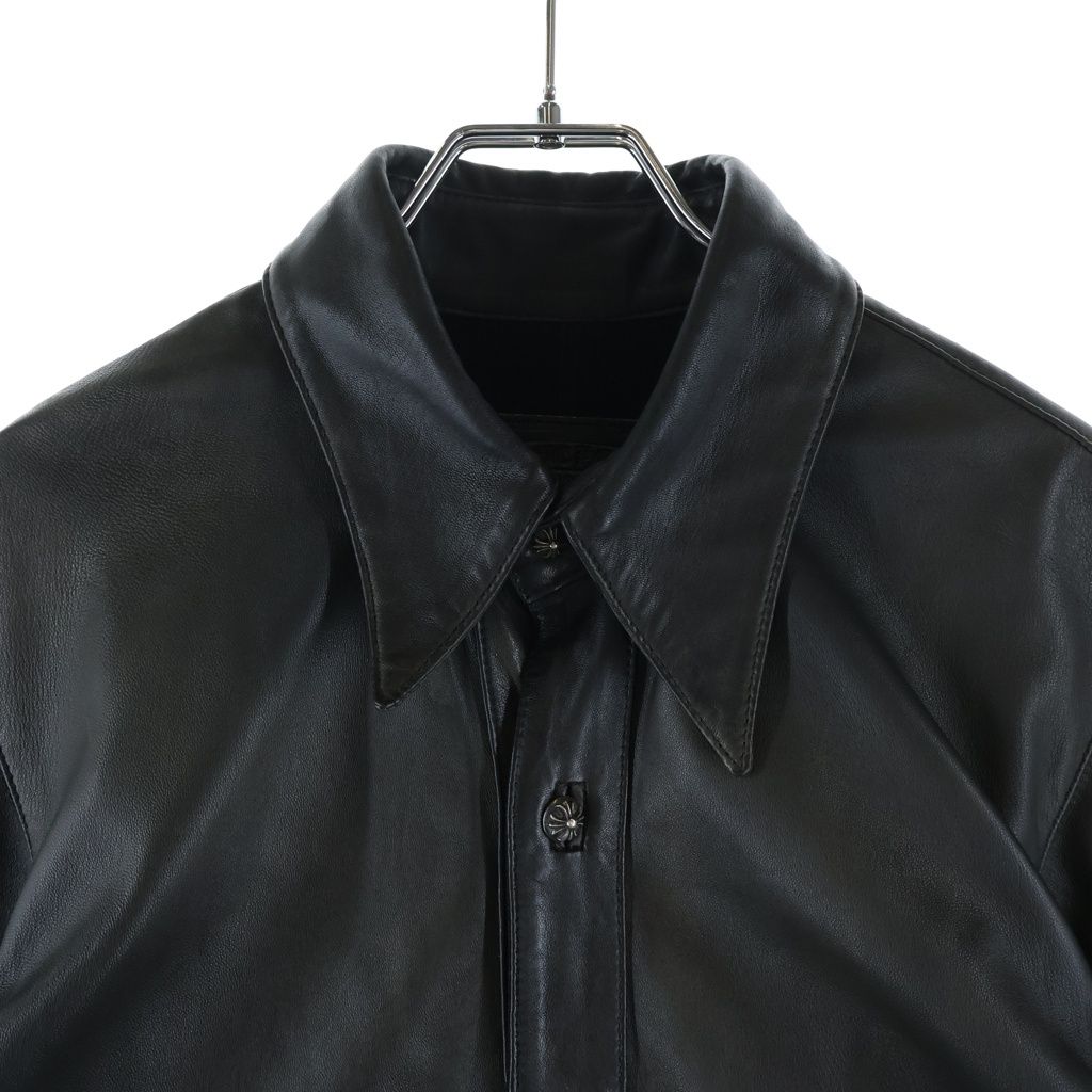 Chrome Hearts Cross Ball Button Long Sleeve Leather Shirt Jacket Black Silver — view 3