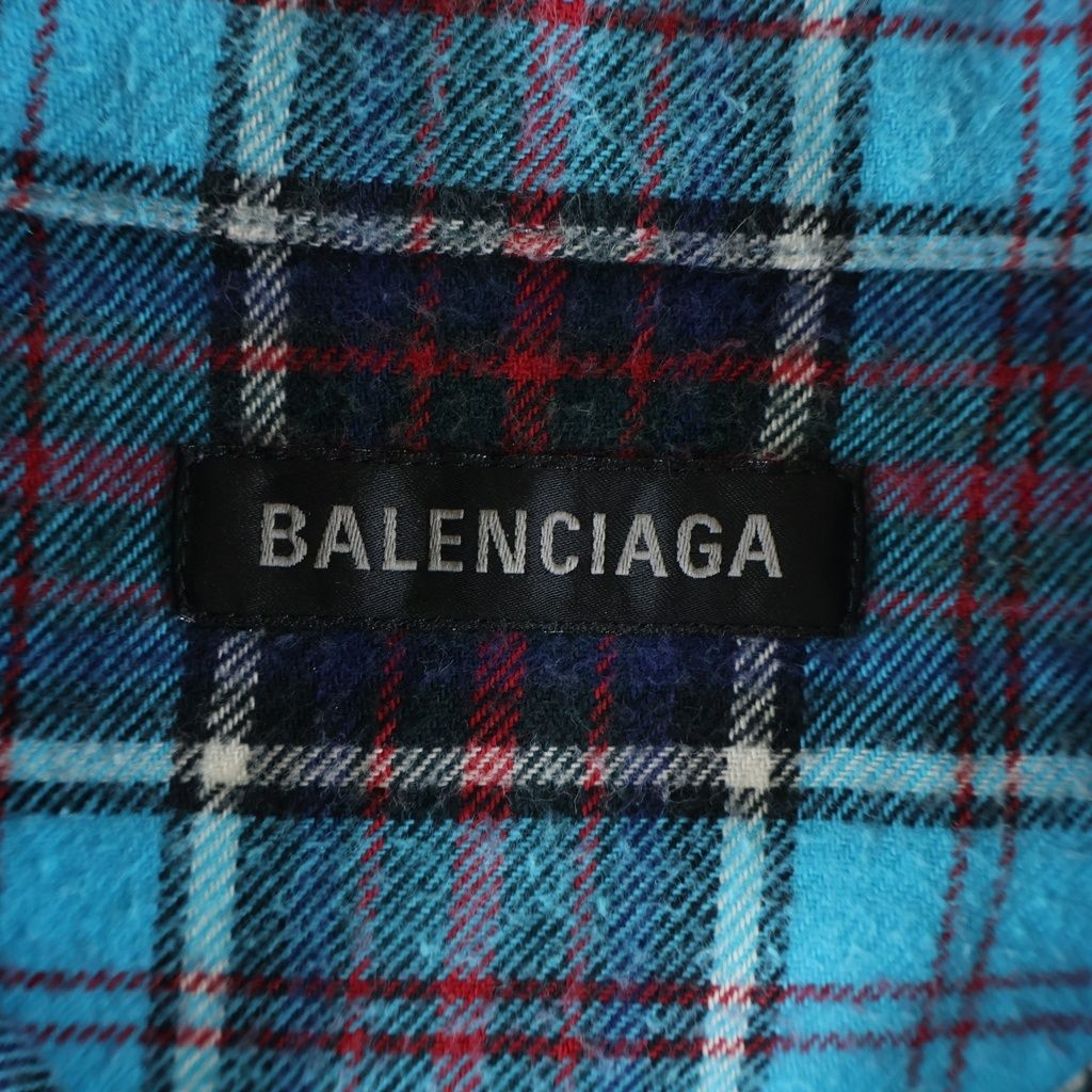 Balenciaga Logo Embroidery Bree Chiffron Flannel Check Long Sleeve Shirt Blue — view 7