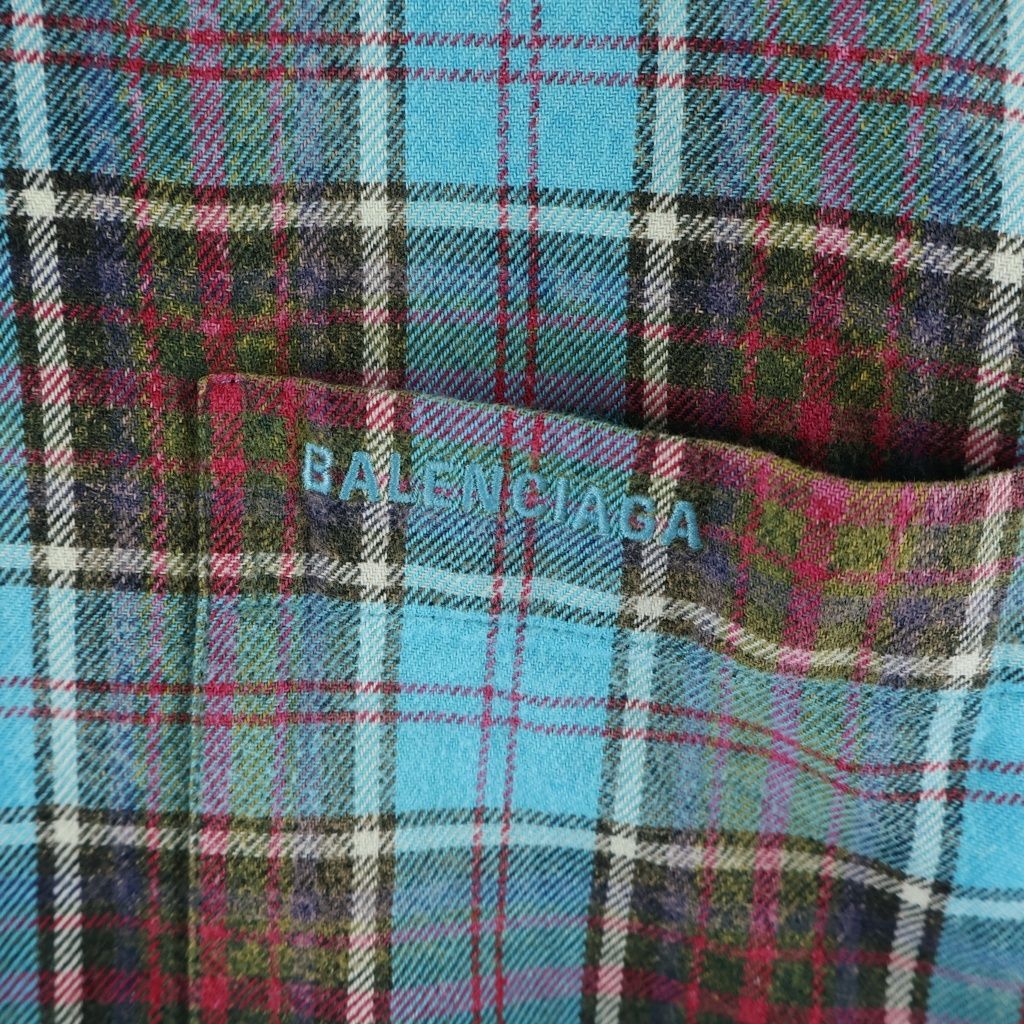 Balenciaga Logo Embroidery Bree Chiffron Flannel Check Long Sleeve Shirt Blue — view 5
