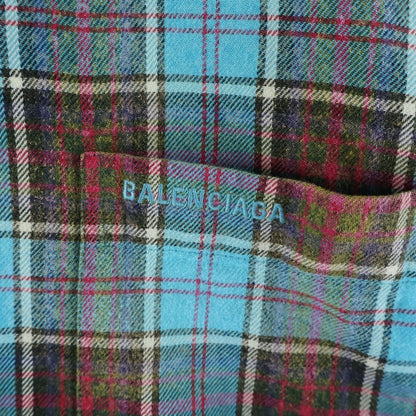 Balenciaga Logo Embroidery Bree Chiffron Flannel Check Long Sleeve Shirt Blue — view 5